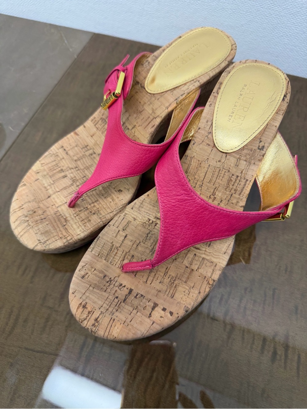 Lauren Ralph Lauren Hot Pink Cork Thong Wedge Sandals